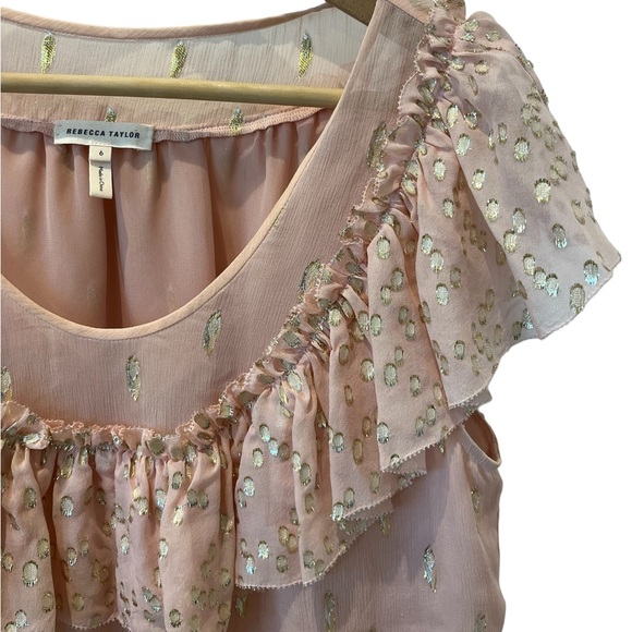Rebecca Taylor Powder Pink and Gold Metallic Silk Flutter Sleeve Blouse Size 6 - Picture 4 of 10